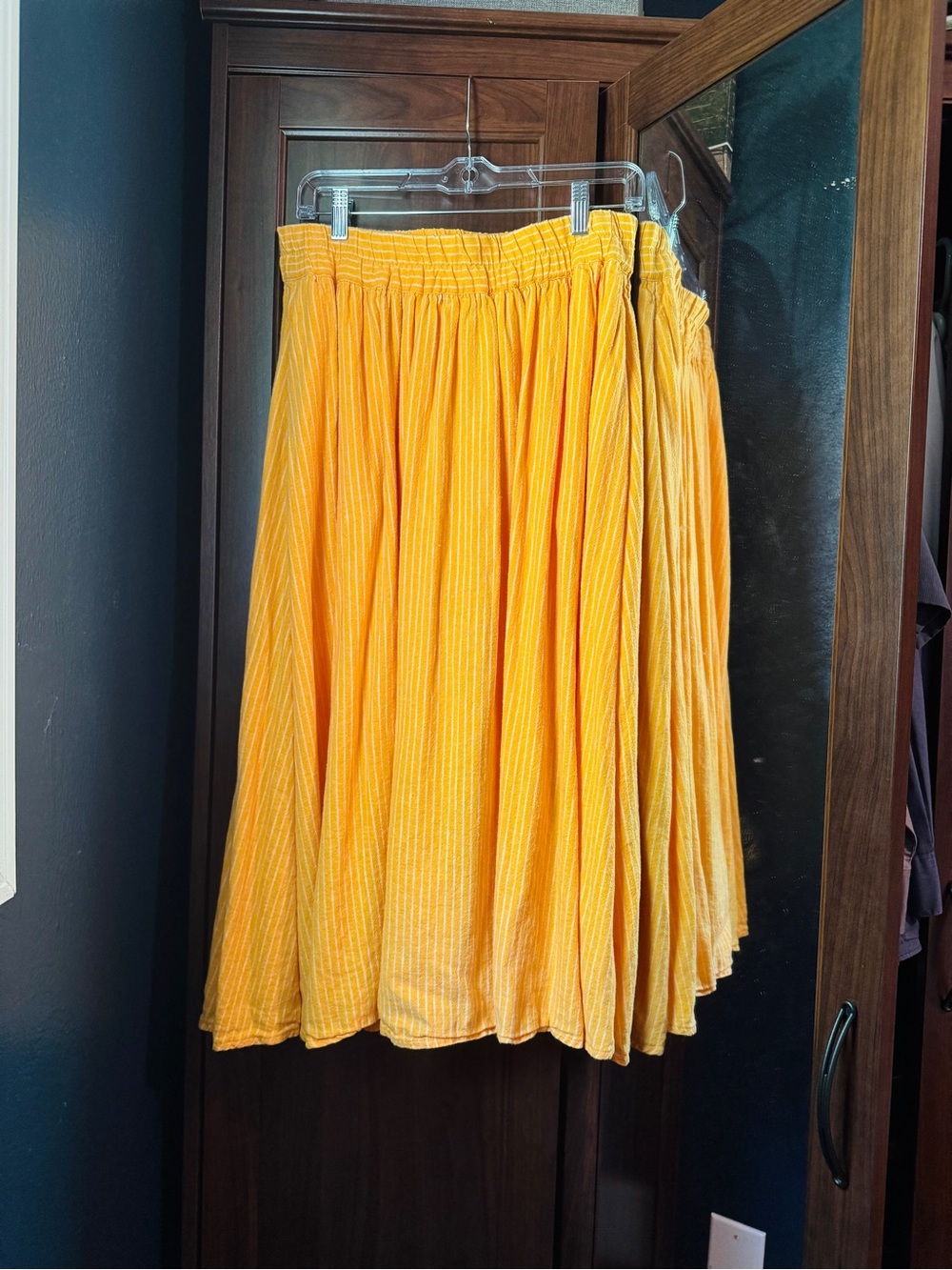 A New Day- Yellow White Striped A-Line Linen Midi Skirt - Picture 3 of 7